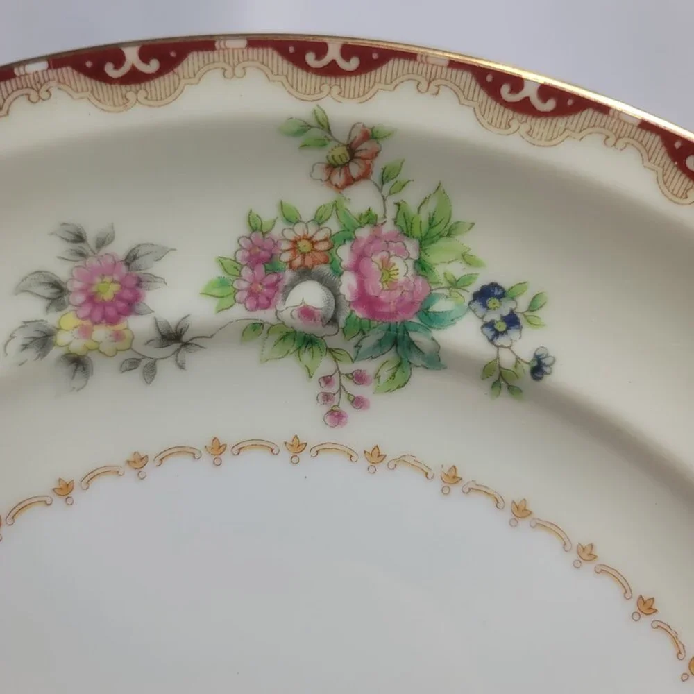 TWO Meito Keepsake Dinner Plates Ivory with Rust & Tan Scroll & Floral Rim